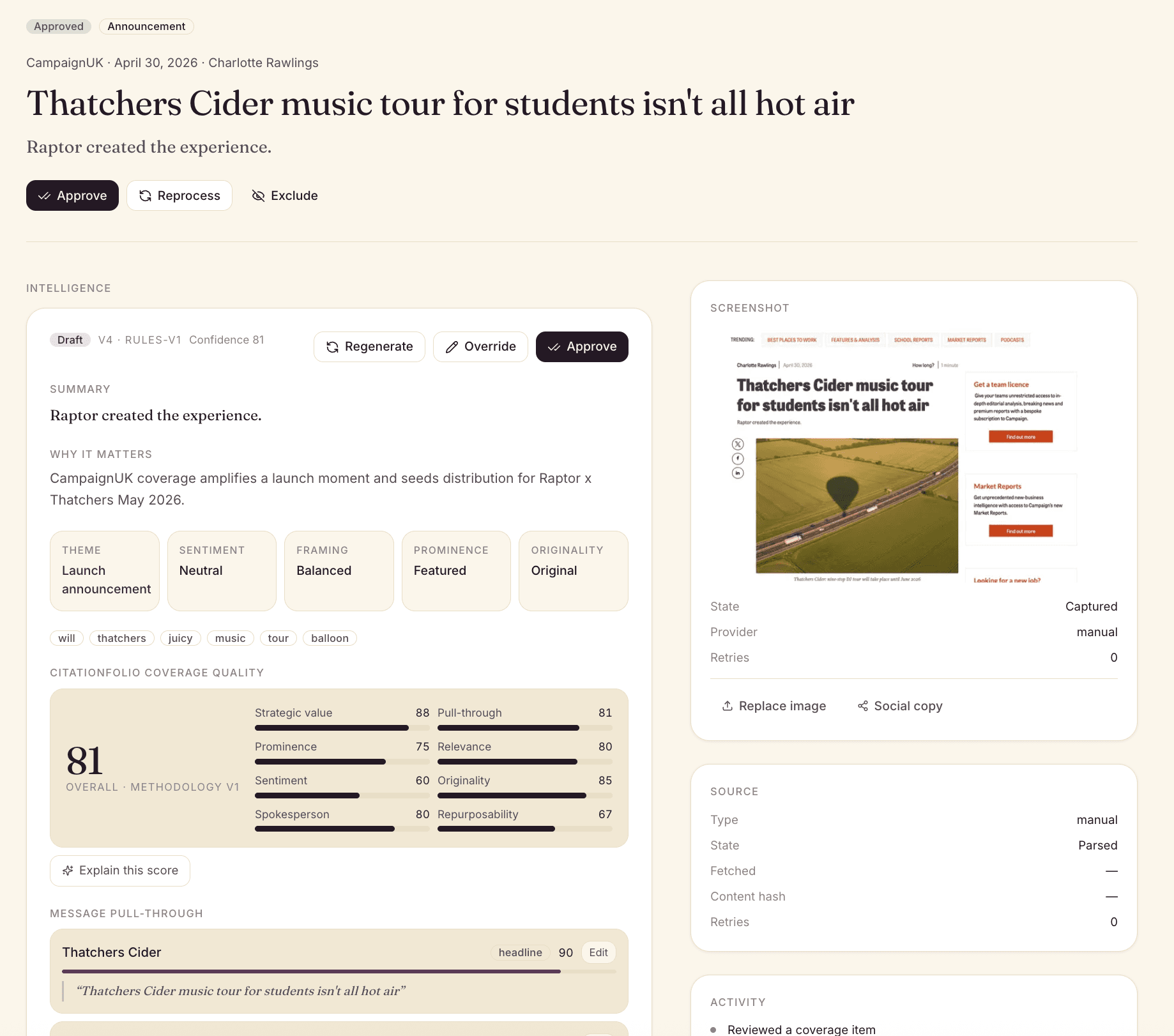 CitationFolio detail view - single coverage entry with intelligence, scoring and screenshot