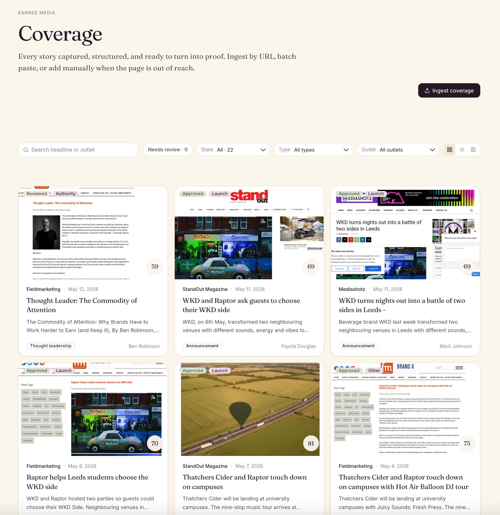 CitationFolio shelf view - coverage grid with filters and ingest button
